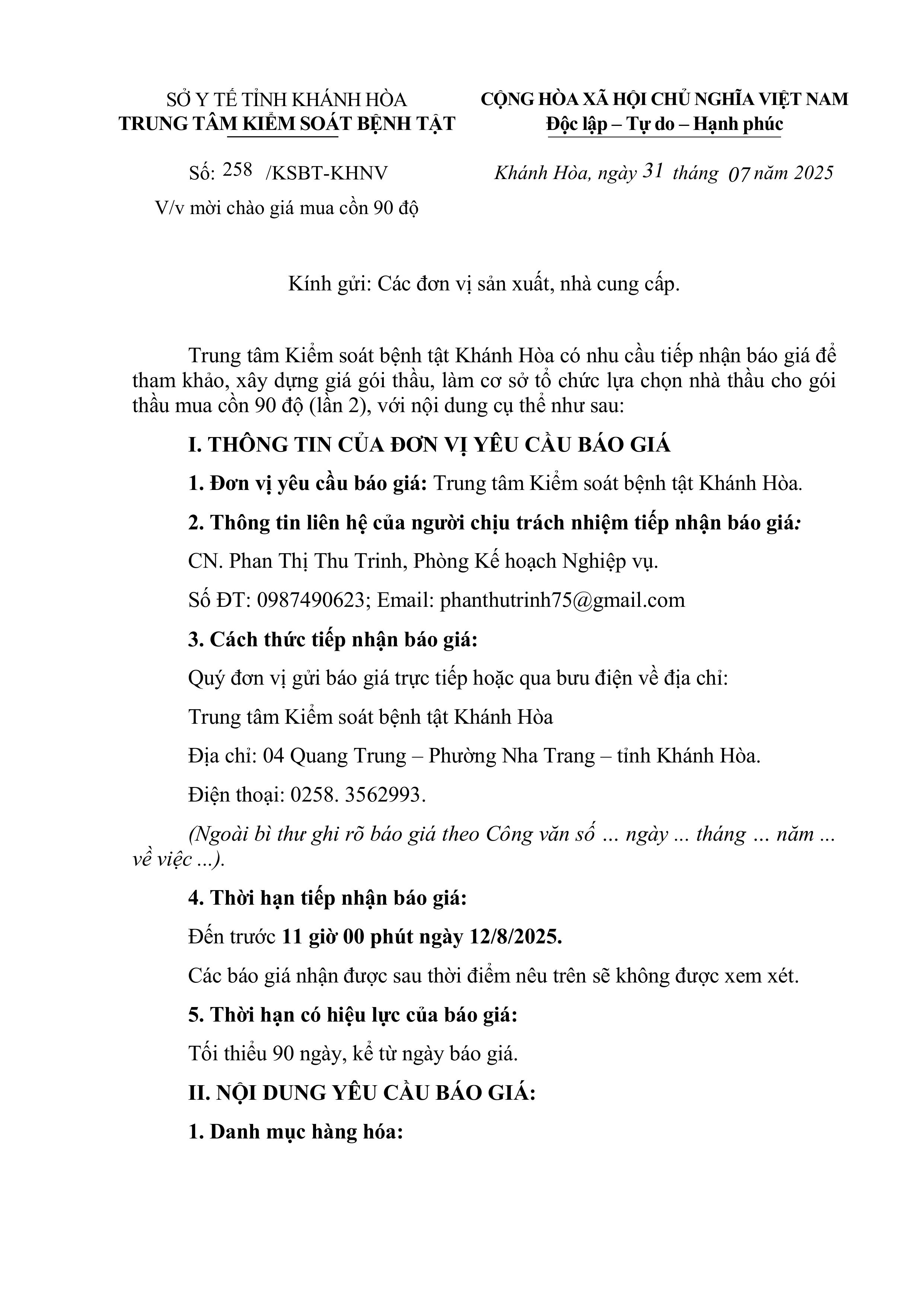 V/v mời chào giá mua cồn 90 độ